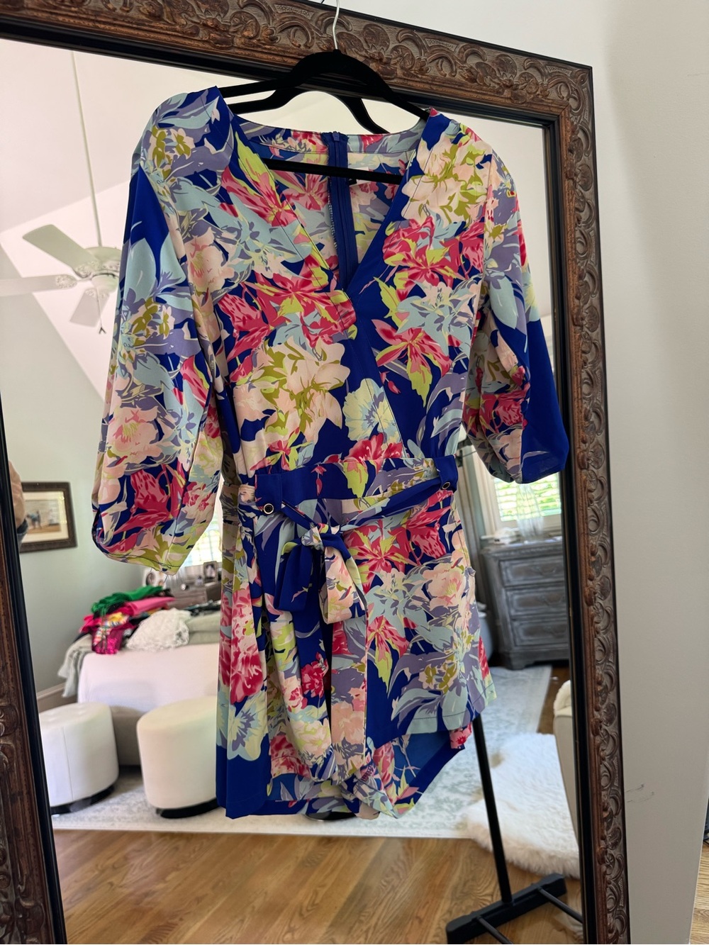 Floral Wrap Romper in Royal Blue & Multi